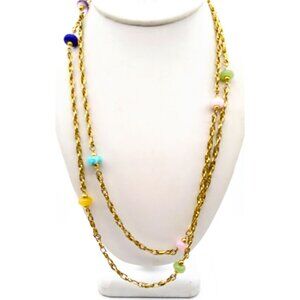 Diamond Cut Chain Necklace with Gemstone Rondelle Stations, Long Vintage Gold